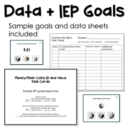 Coin Identification and Value Task Cards for autism and special education