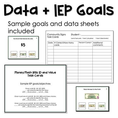 Dollar Bill Identification and Value Task Cards for autism and special education