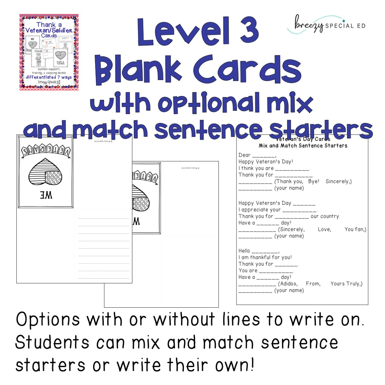 Veterans Day / Soldier Cards: Differentiated for ALL your Special Ed Students
