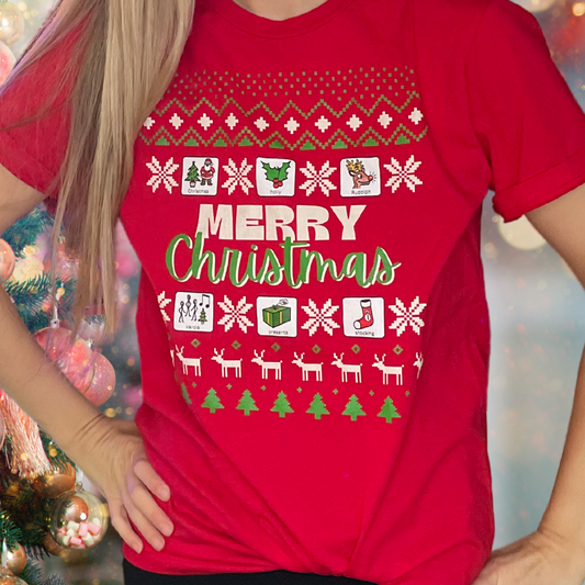 Ugly Christmas Sweater T-Shirt with Symbol Icons for Special Education Teachers and SLPs