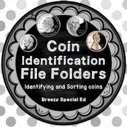 Cover of a Coin Identification File Folders packet with images of US coins including a penny, nickel, dime, and quarter, arranged in a circular pattern with the title text in the center.