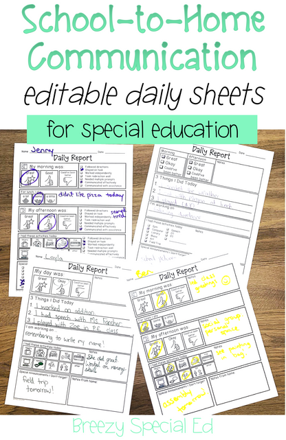 Editable Daily Home Communication Sheets for Special Education Students