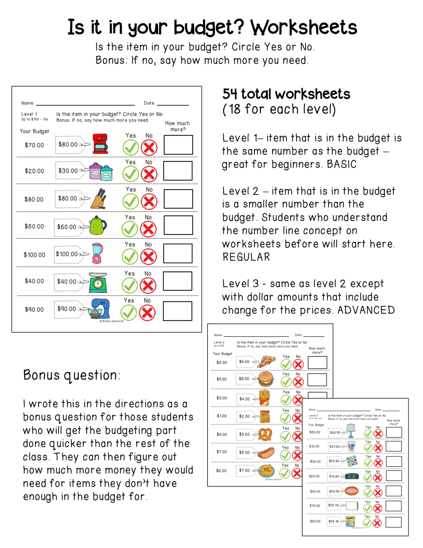 budgeting worksheets for special education