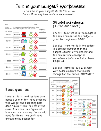 budgeting worksheets for special education