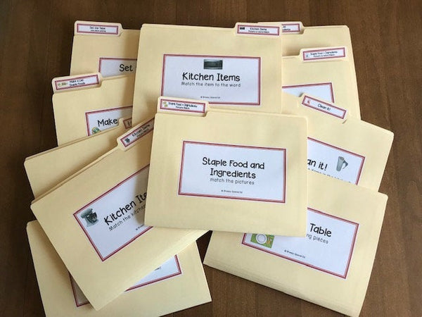 A collection of manila file folders with kitchen and cooking themed labels, including 'Kitchen Items', 'Staple Food and Ingredients'.