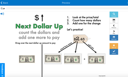 Boom Card next dollar up instruction page - student will count dollars and add one more dollar to pay
