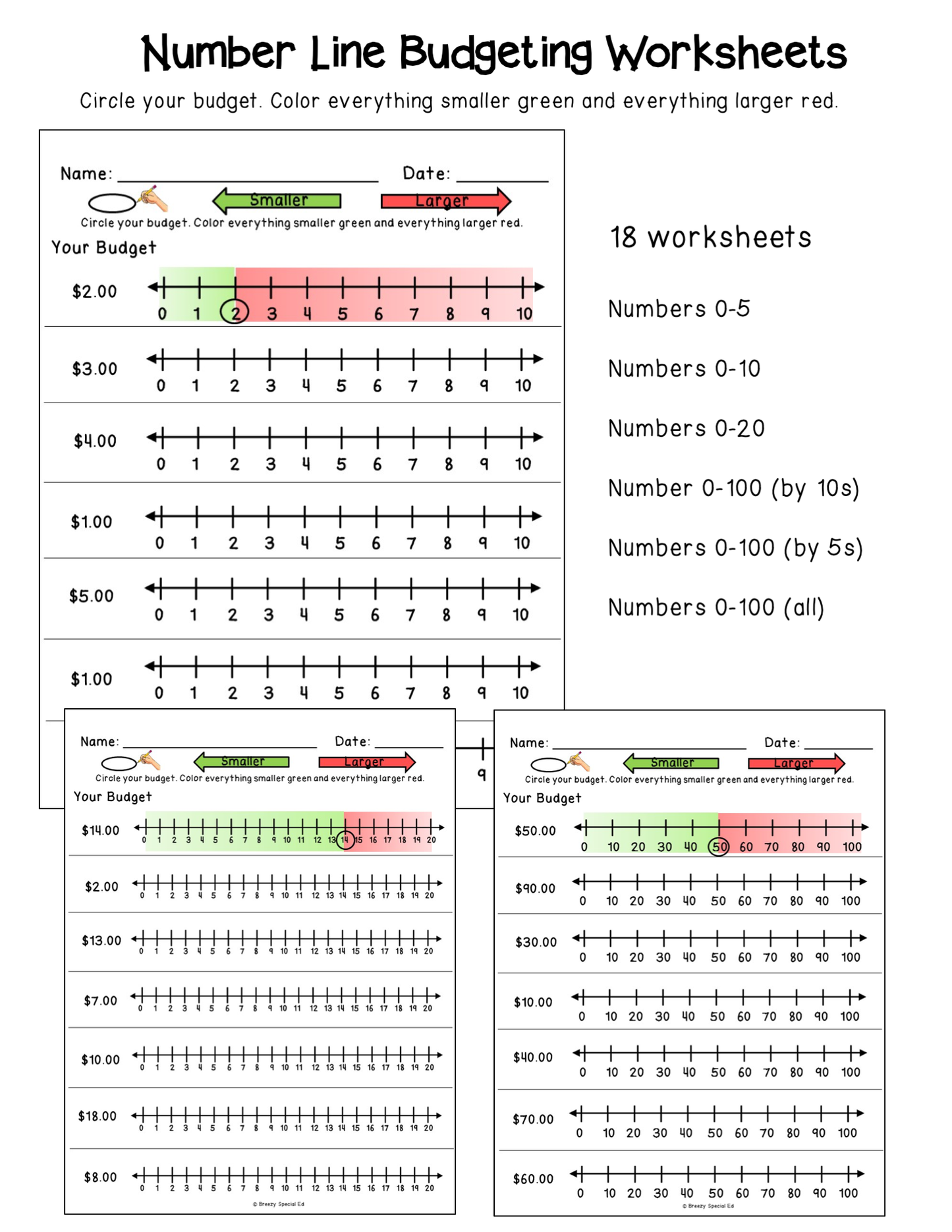 bugeting worksheets with number lines for special education
