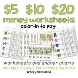 Money Math $5, $10, $20 Color-In Worksheets for Special Ed
