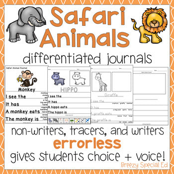 Safari Zoo Animals Differentiated Journal Writing for Special Education