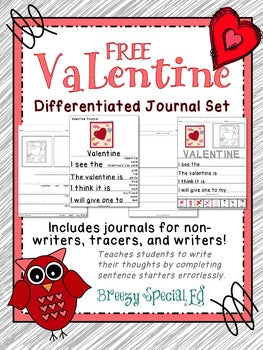 Valentine's Day Differentiated Journal Writing for Special Education FREE