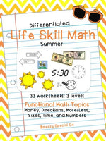 Summer Differentiated Life Skill Math Pack for Special Education