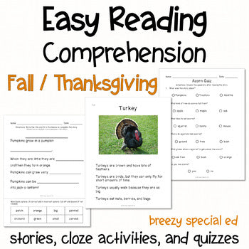 Fall and Thanksgiving - Easy Reading Comprehension for Special Education