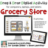 Grocery store life skill digital activity for distance learning on google slides or boom learning