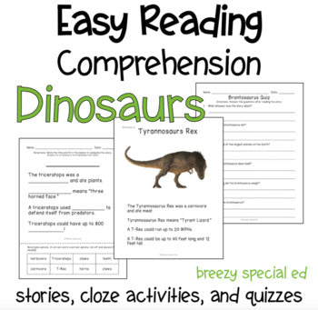 Dinosaur Easy Reading Comprehension Activities for special ed