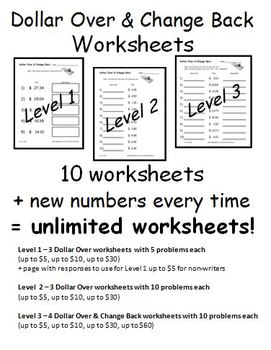 Dollar Over (Rounding Up) & Change Back Money Worksheets *Random Numbers*