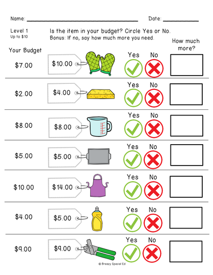 The worksheet includes kitchen items with prices and a budget, students will circle yes or no if the item is in their budget and if it is not, how much more money they would need to buy the item