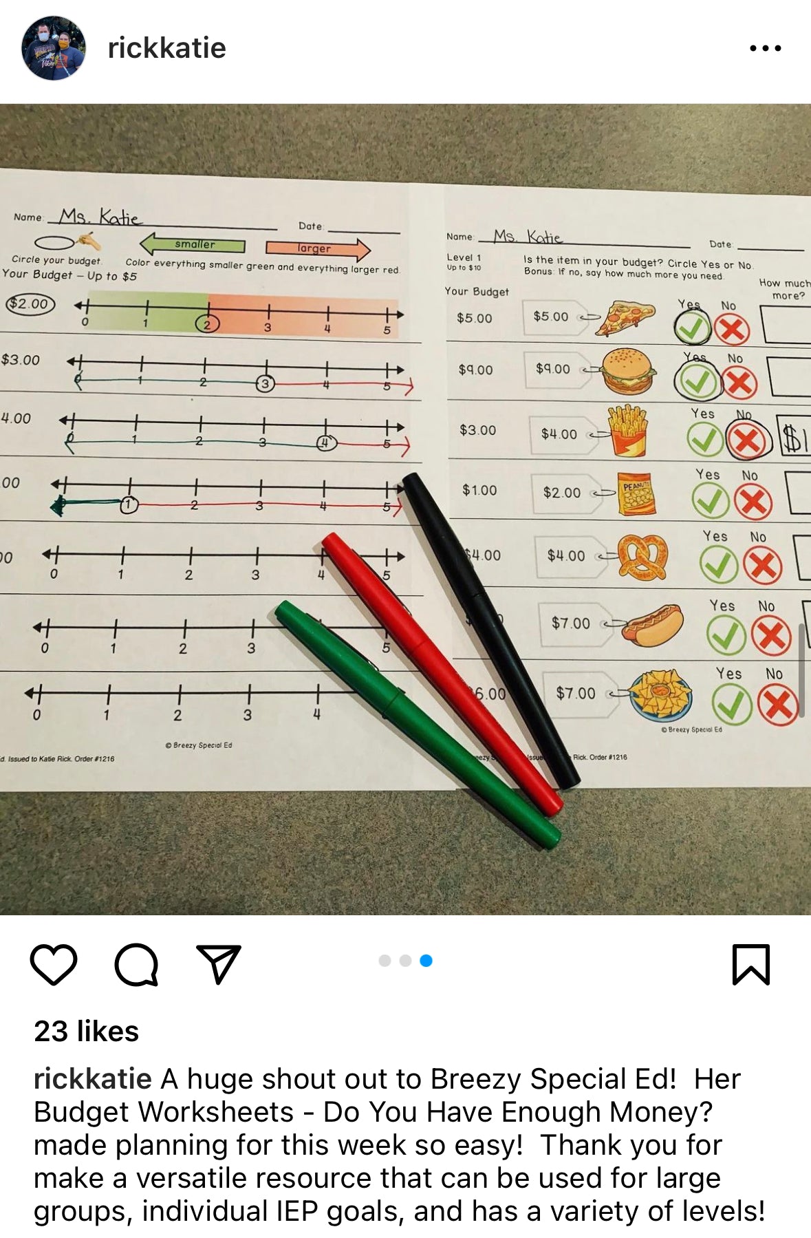 Instagram screenshot of budgeting worksheets from a teacher using them in her classroom. She thanks Breezy Special Ed for a versatile resource that can be used for large groups, individual IEP goals, and has a variety of levels