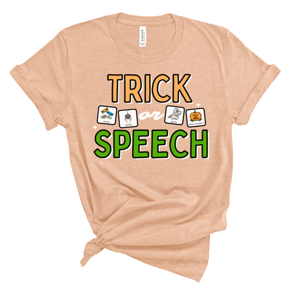 Trick or Speech Tee with Symbol Icon Cards | SLP | Speech Therapist | AAC Halloween Tee