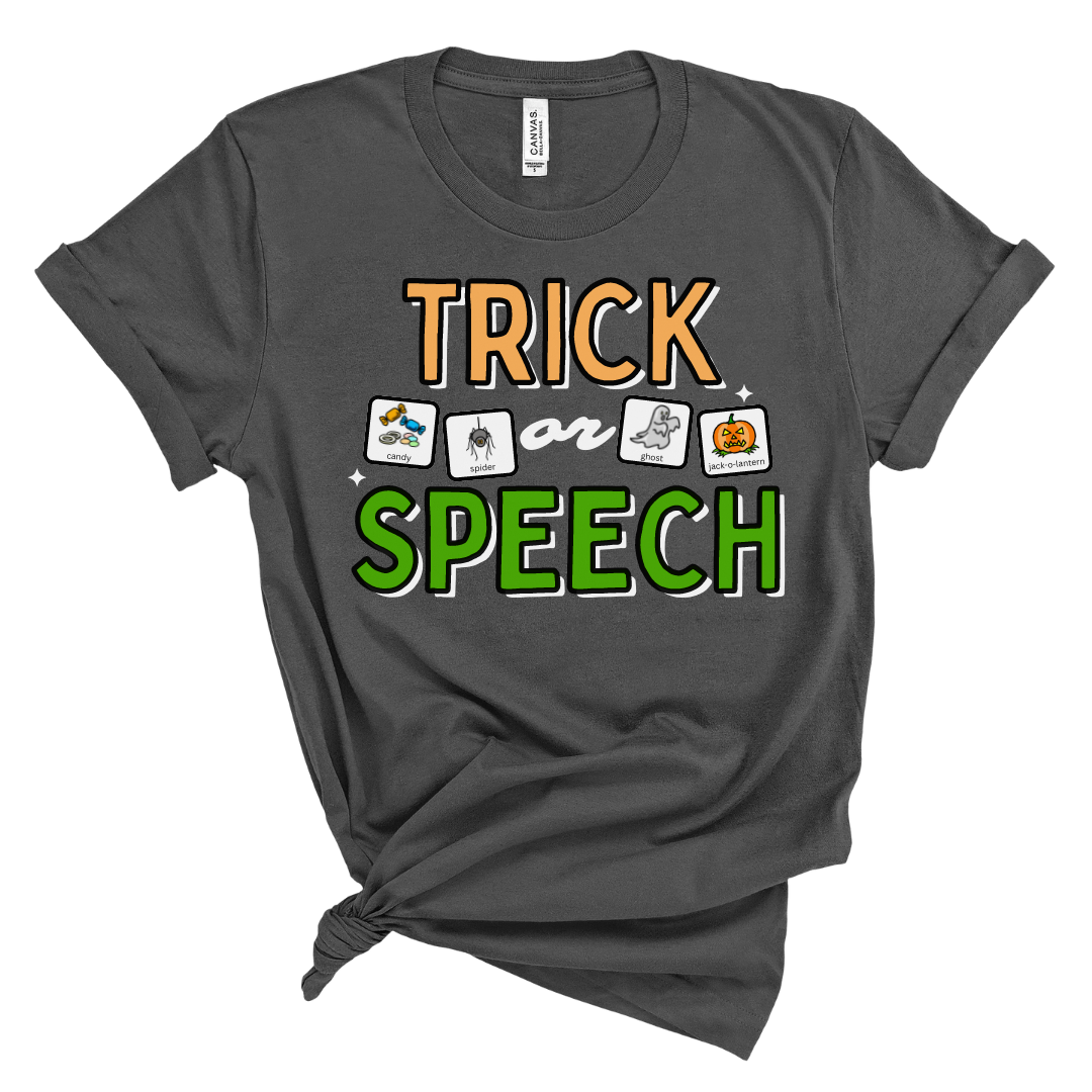 Trick or Speech Tee with Symbol Icon Cards | SLP | Speech Therapist | AAC Halloween Tee