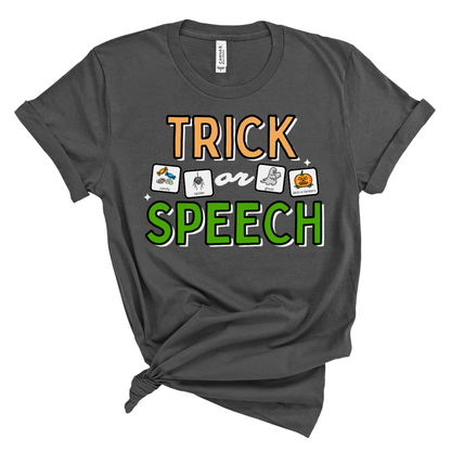 Trick or Speech Tee with Symbol Icon Cards | SLP | Speech Therapist | AAC Halloween Tee