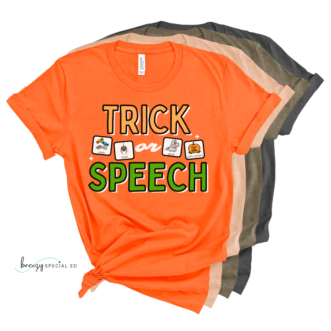 Trick or Speech Tee with Symbol Icon Cards | SLP | Speech Therapist | AAC Halloween Tee
