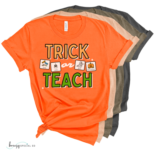 Trick or Teach Teacher Tee with Symbol Icon Cards | Special Education Teacher Halloween Tee