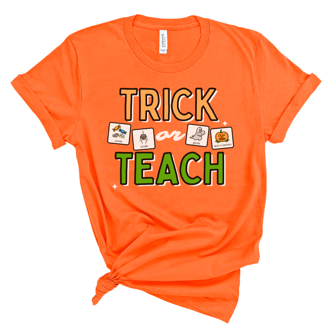 Trick or Teach Teacher Tee with Symbol Icon Cards | Special Education Teacher Halloween Tee