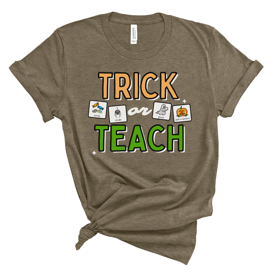 Trick or Teach Teacher Tee with Symbol Icon Cards | Special Education Teacher Halloween Tee