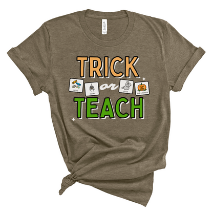 Trick or Teach Teacher Tee with Symbol Icon Cards | Special Education Teacher Halloween Tee