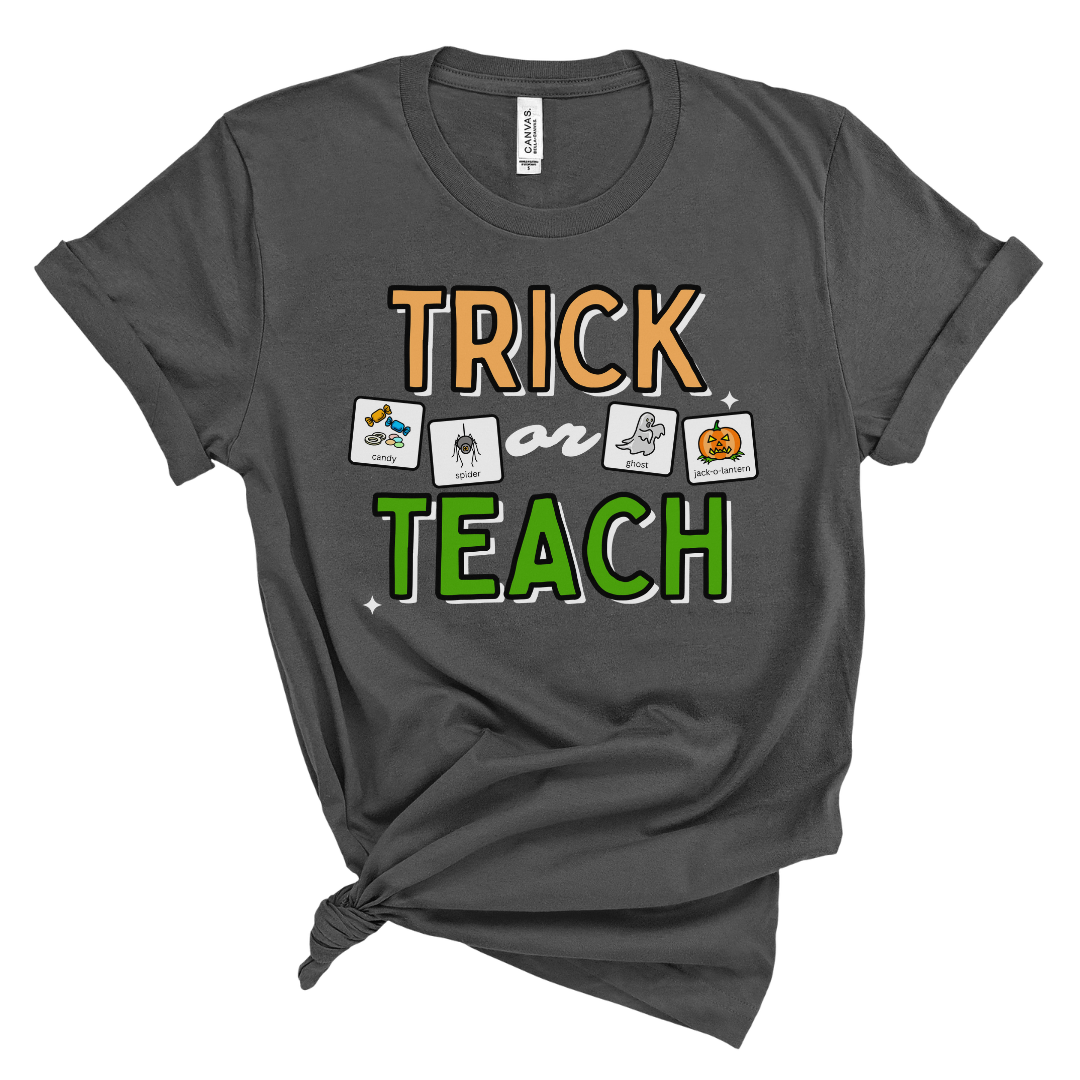 Trick or Teach Teacher Tee with Symbol Icon Cards | Special Education Teacher Halloween Tee