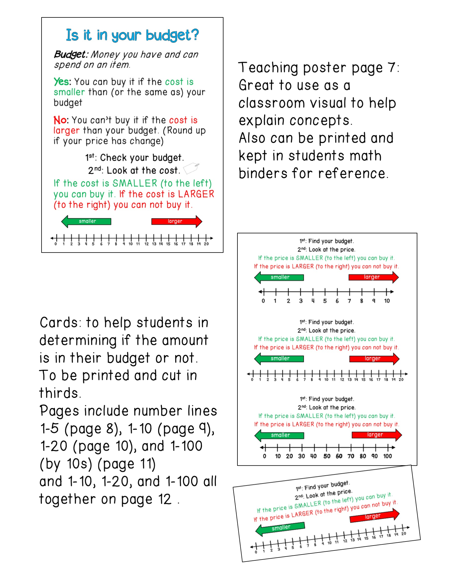 visuals for students using number lines and colors to determine if they have enough money to buy something