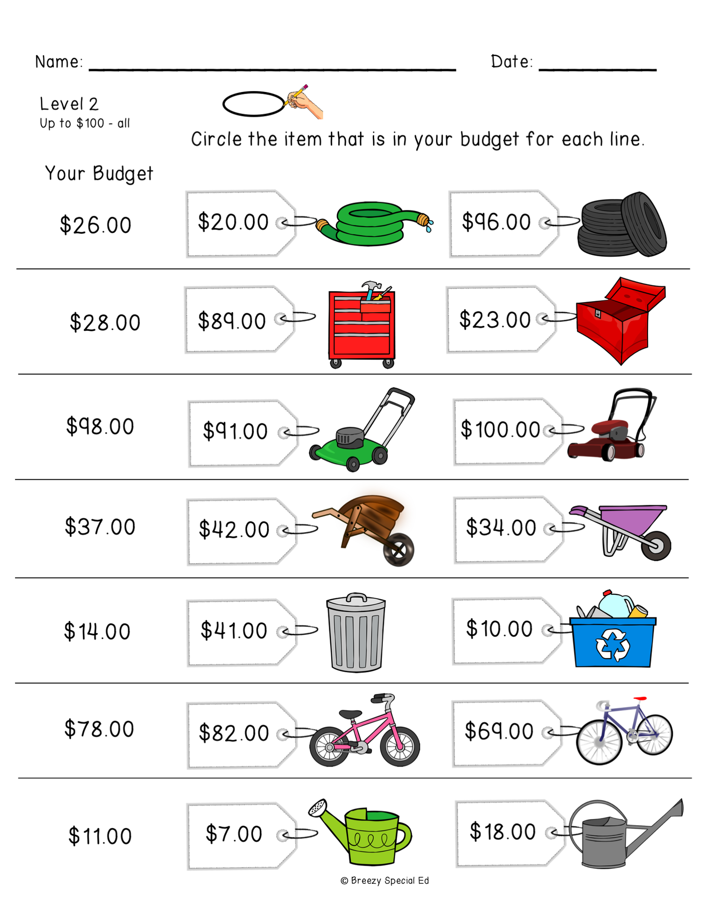 Level 2 simple budgeting worksheet with pictures of tools and garage items with prices on them and a budget. Student will have to circle the item that is in their budget.