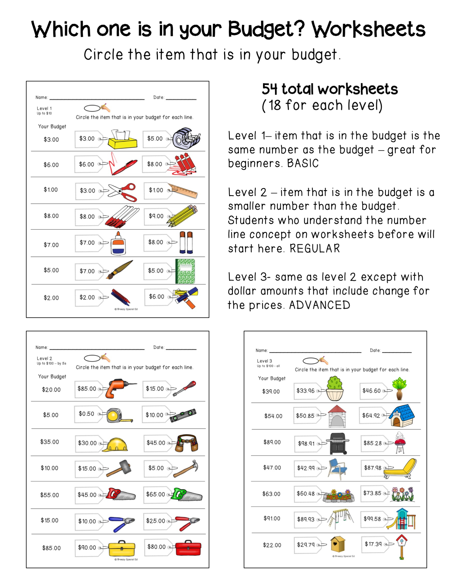 worksheets that have students circle which item is in their budget. 3 levels are included and worksheets re levels with a variety of prices. 