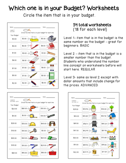 worksheets that have students circle which item is in their budget. 3 levels are included and worksheets re levels with a variety of prices. 