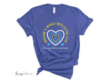 Heather Blue Down Syndrome Awareness shirt with blue and white outlined hearts and arrows in the middle. Text around the heart says "Imagine a World with Extra Love"