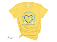 Yellow Down Syndrome Awareness shirt with blue and white outlined hearts and arrows in the middle. Text around the heart says "Imagine a World with Extra Love"