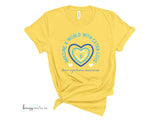 Yellow Down Syndrome Awareness shirt with blue and white outlined hearts and arrows in the middle. Text around the heart says "Imagine a World with Extra Love"